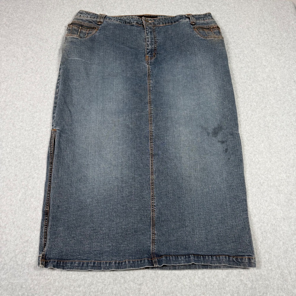 Venezia Vintage 90s Womens Blue Denim Maxi Skirt Size 20 Stretch Slit Modest